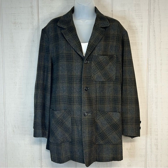 Vntg Womens Field Jacket Size L 100% Wool Buttons Plaid Shacket Grannycore - Picture 1 of 12